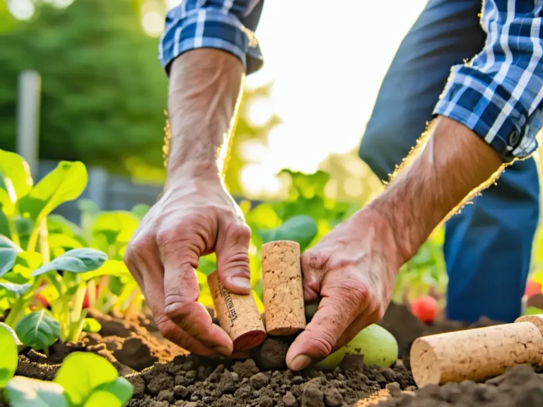 un homme plante dans son potager des bouchons de liège. image en gros plan. il fait soleil au jardin